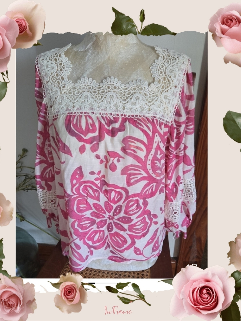Zac & Rachel Pink Floral Lace Yoke Top Size Small